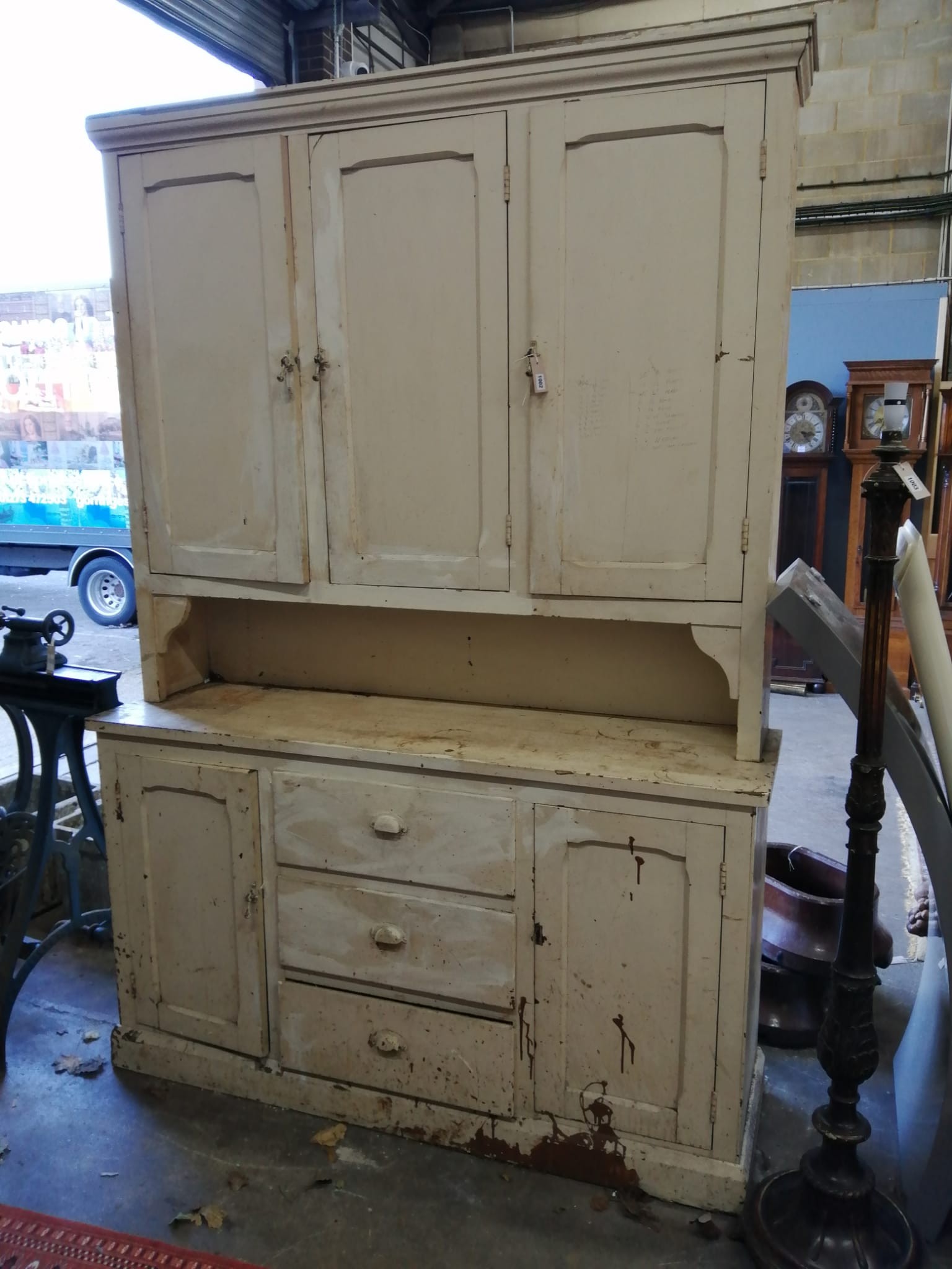 A late Victorian painted pine dresser, width 158cm, depth 46cm, height 230cm